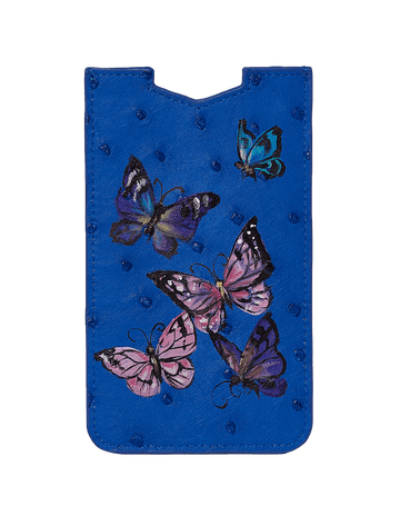 Hand Painted Butterflies On Blue Ostrich Phone Pouch